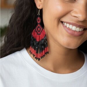 Hand beaded Red and Black Dangle Earrings
